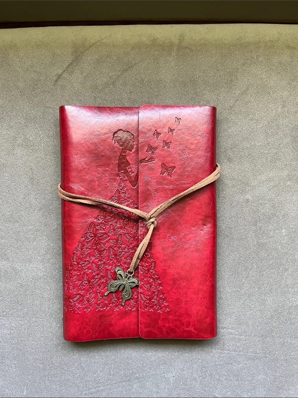 Embossed Red Butterfly Girl Faux Leather Journal